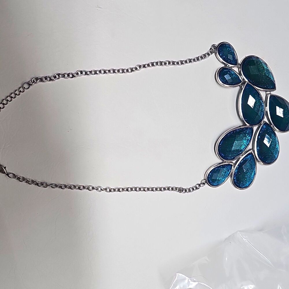 Silver Tone Cable Chain Necklace Blue Teardrop Charm Pendant Statement
